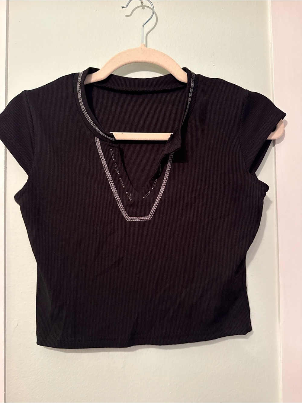 Amazon Black Ribbed Cap-Sleeve Top with Contrast Stitch